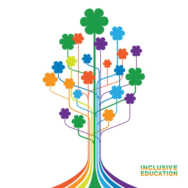 Logotipo para la educación inclusiva, concepto de igualdad de diferentes personas. Árbol abstracto con flores de colores arcoíris . — Archivo Imágenes Vectoriales