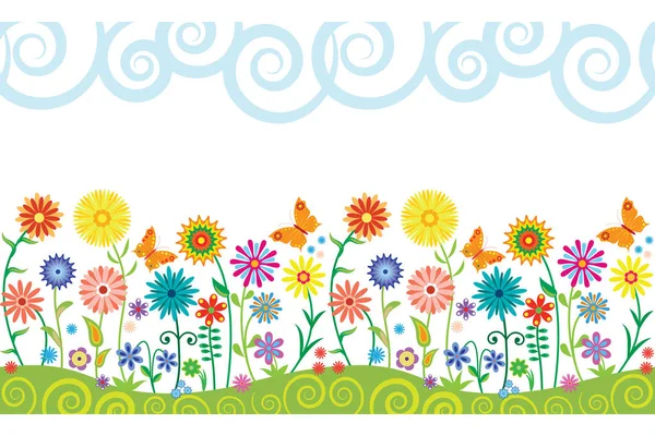 Seamless pattern with fancy flowers and butterflies. — Stock Vector