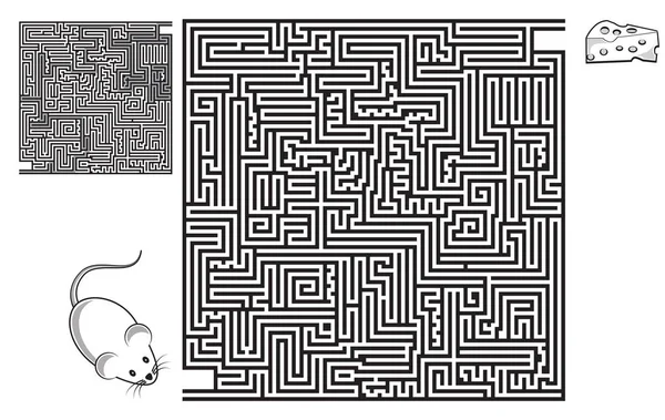 Jogo de labirinto quadrado com solução. Rato e pedaço de queijo. Desenho para colorir . —  Vetores de Stock