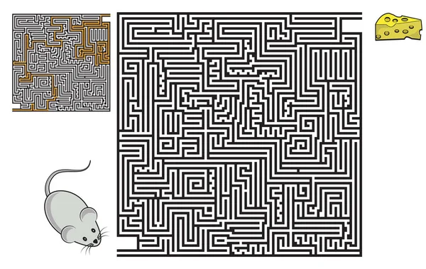 Quadratische Labyrinth-Spiel mit Lösung. Maus und Stück Käse. — Stockvektor