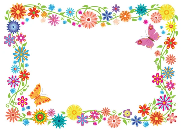 Summer frame formed of fancy flowers and butterflies. No background. — Stock Vector