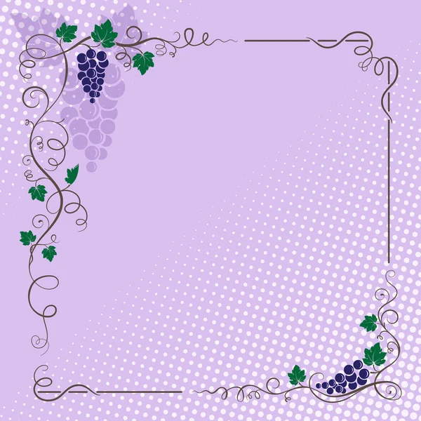 Decorative border with bunch of grapes, grape leaves, vines and swirls. Halftone background. — Stock Vector