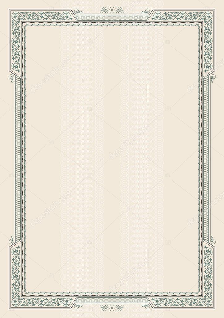 Vintage framework and background. Template for certificate, diploma. A4 page proportions. 