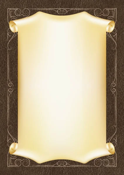 Шаблон, фон с золотой рамкой и прокрутка на куске темной кожи. Пропорции страниц формата А3 . — стоковое фото