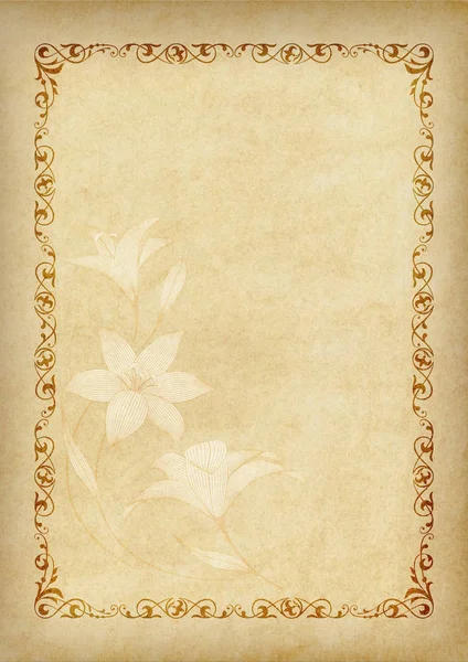 Plantilla, fondo con marco y elemento decorativo sobre pieza de pergamino. A3 proporciones de página . — Foto de Stock