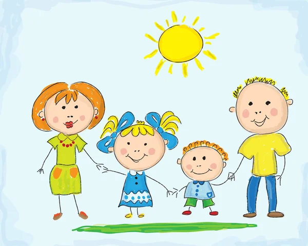 Famille heureuse, imitation vectorielle du dessin à la main des enfants . — Image vectorielle