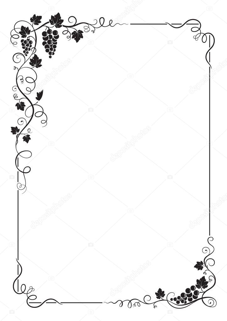 Decorative rectangular frame with bunch of grapes, grape leaves, vines, swirls. A4 page proportions.