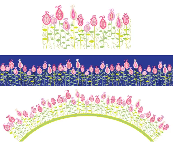 Seamless border of fancy hand drawn flowers. The sample and the pattern brush are included. — Stock Vector