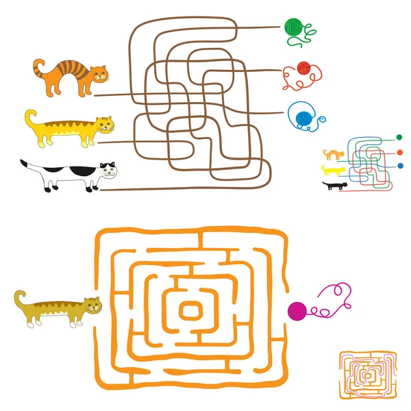 Jogos de labirinto para pré-escolares. Encontre o caminho ou combinar elementos. Gatinhos engraçados e bolas de lã. As soluções estão incluídas . —  Vetores de Stock