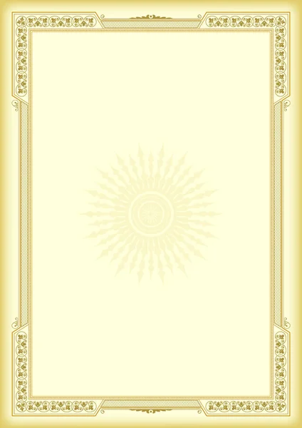 Marco decorativo sobre fondo amarillo dorado. Plantilla de certificado, diploma. A4 proporciones de página . — Archivo Imágenes Vectoriales