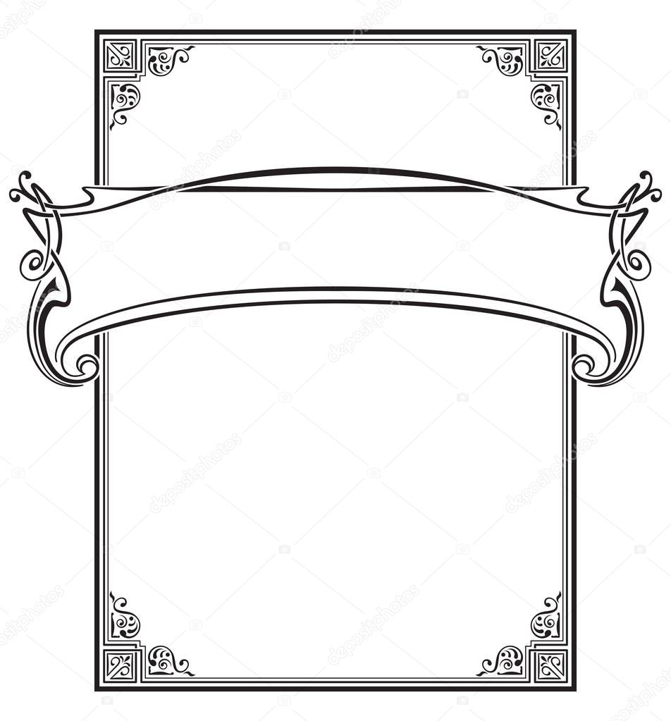 Decorative black  frame and banner. Template for card, label. Retro, art-nouveau style.