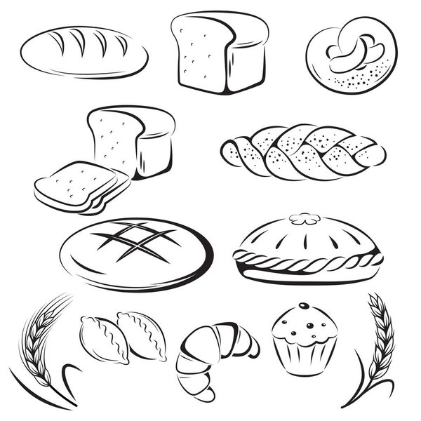 Black icons  with a variety of bakery products. Loaf of bread, bagel, baguette, croissant, pies and muffin. 