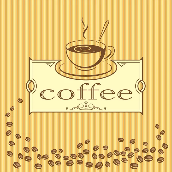 Firma, etiqueta con una taza de café. Boceto, icono negro. Fondo decorativo con granos de café . — Vector de stock