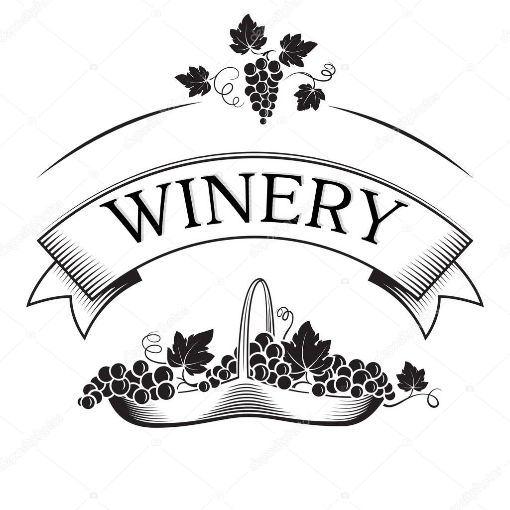 Banner for winery or wine and basket with grapes. Black decorative elements.