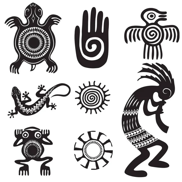 Conjunto de símbolos étnicos nativos americanos. Símbolos aztecas. Blanco y negro . — Vector de stock