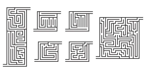 Set verschiedener schwarzer Labyrinthe-Spielskizzen für Kinderbücher, Malvorlagen. — Stockvektor