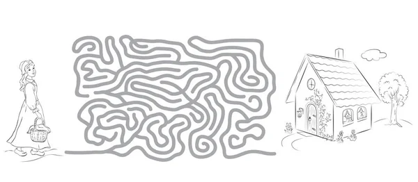 Jogo de labirinto, página de colorir para crianças com fotos de Chapeuzinho Vermelho e casa . — Vetor de Stock