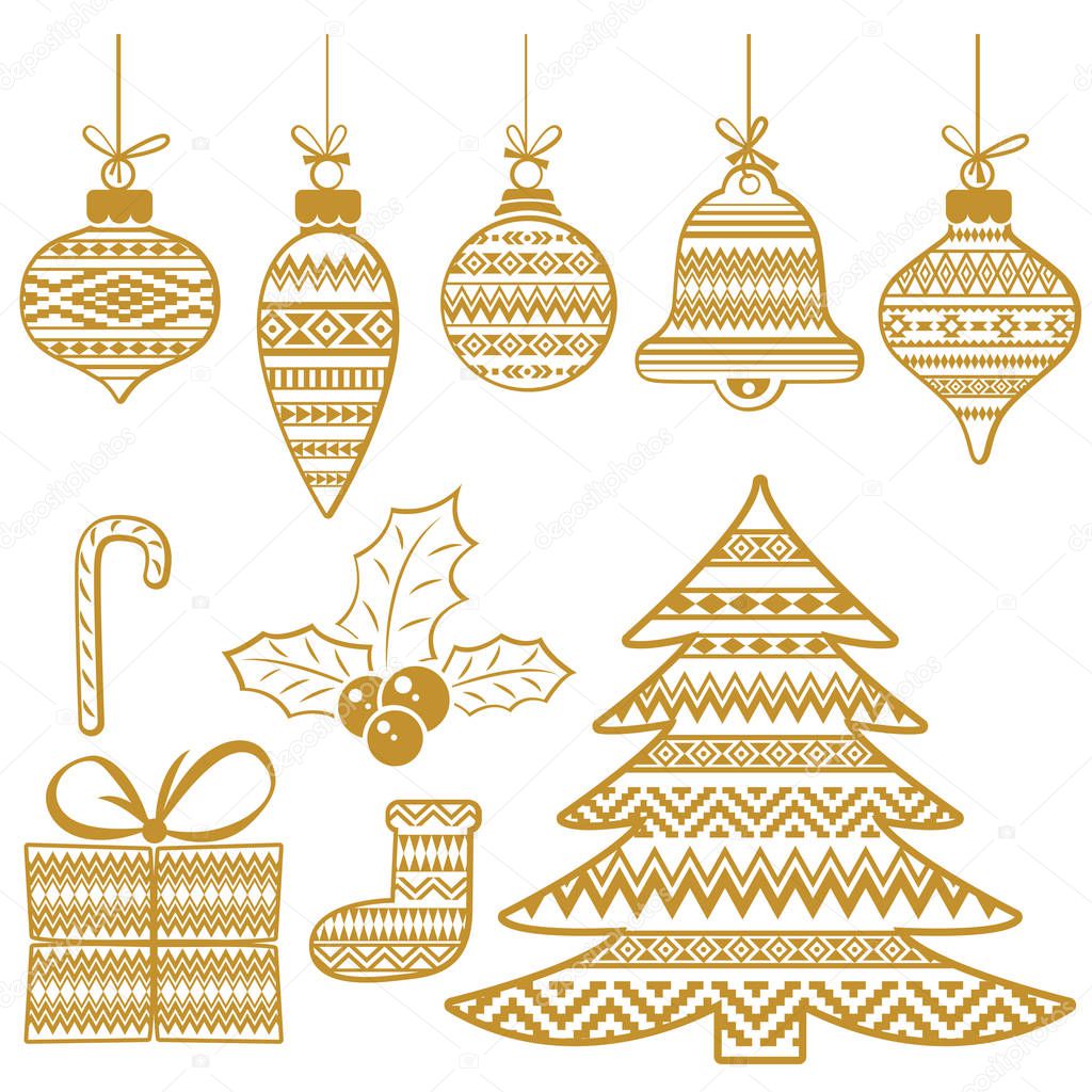 Set of Christmas and New Year celebration monochrome symbols with patterns.