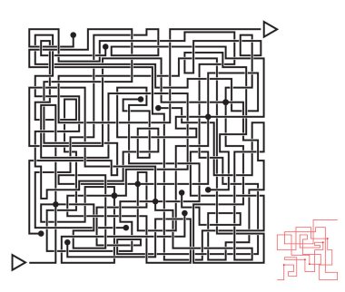 Karmaşık Labirent oyun, labirent çizgileri örtüşen ile. Çözüm dahil.