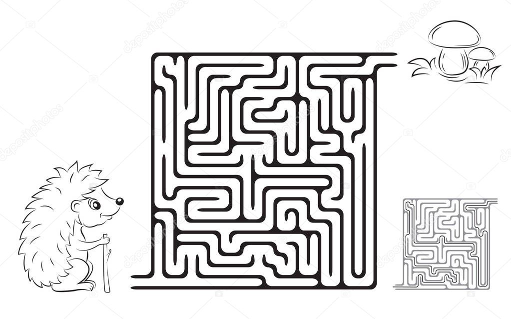 Maze game, coloring page for kids with pictures of a hedgehog and mushrooms. Solution included.