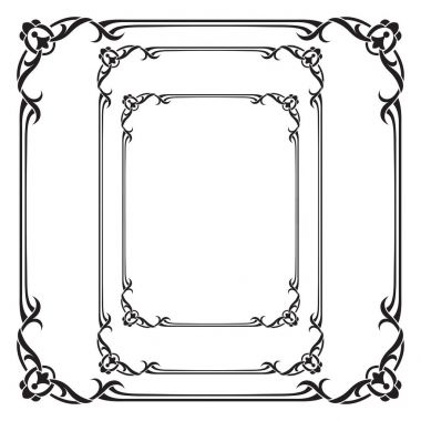 Siyah süslü çerçeveler sayfası dekorasyon, kart, etiket kümesi. Meydanı, A4 ve mektup sayfa oranlarını.