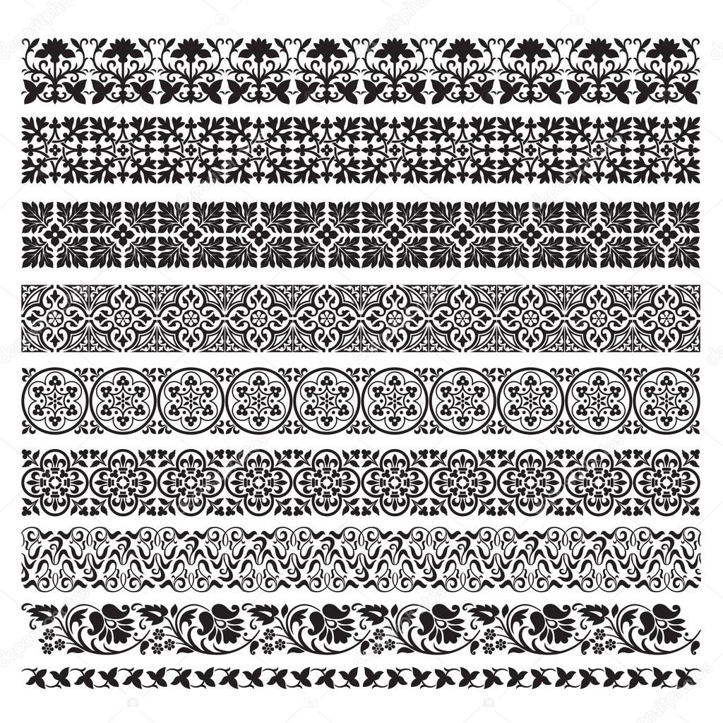 Set of various classic black ornate elements organized in borders.