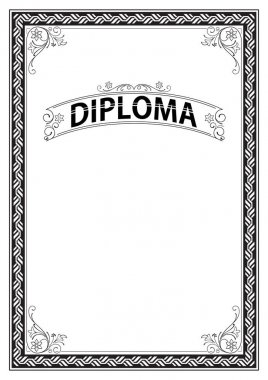 Süslü dikdörtgen siyah beyaz çerçeve ve afiş. Sertifika, diploma, duyuru, etiketi şablonu. A4 oranlar. Yazı Diploma. 