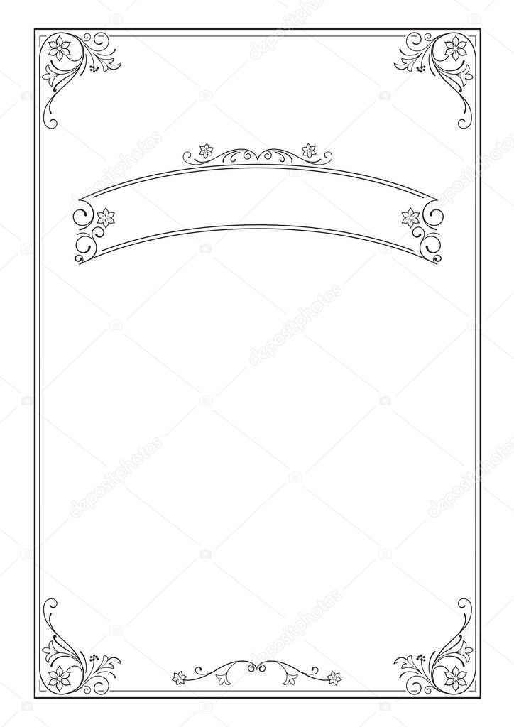 Ornate rectangular black framework and banner. For certificate, diploma, announcement, label. A4 proportions. 