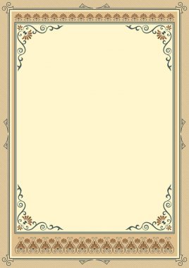 Süslü dikdörtgen çerçeve, retro tarzı. Sertifika, diploma, duyuru, etiketi şablonu. A3 oranlar. Dekoratif köşeler. Desen fırçaları dahil.