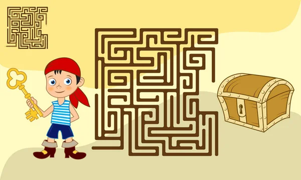 Fyrkantig Labyrint Spel För Barn Med Lösning Tecknad Pojke Med — Stock vektor