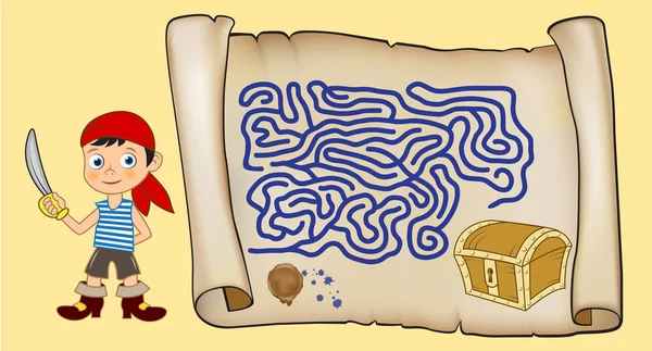 孩子们的迷宫游戏 卡通男孩用一把剑寻找宝石之胸之路 带邮票和墨水污渍的旧纸卷 — 图库矢量图片