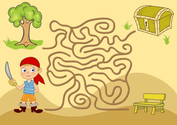 Labyrint Spel För Barn Tecknad Pojke Med Leksak Svärd Letar — Stock vektor