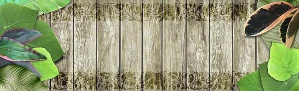 Banner with leaves of tropical plants, pattern with elephants and flowers on wooden boards.