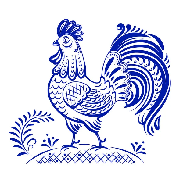 Gallo Azul Blanco Decorativo Estilo Gzhel — Archivo Imágenes Vectoriales