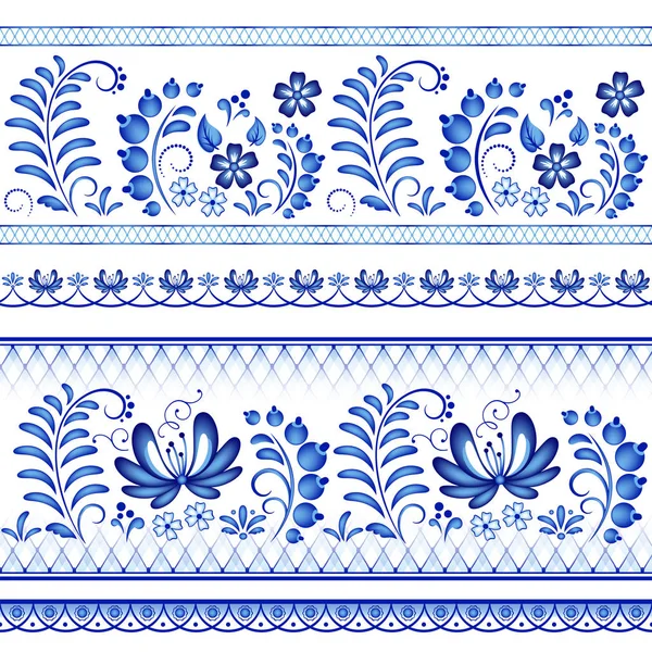 Fronteras Florales Pintadas Estilo Gzhel Artesanía Popular Tradicional Rusa — Archivo Imágenes Vectoriales