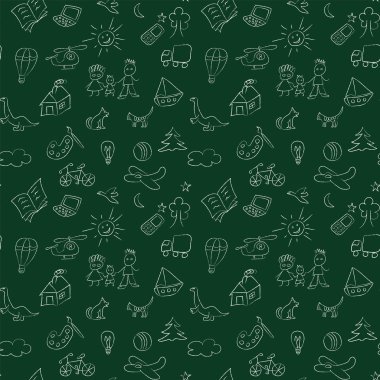 Çocuk çizimleri, tebeşir ya da kömür eskizleriyle kusursuz desen. Çocukça şeyler. Örnekleme vektör dosyasına dahil.