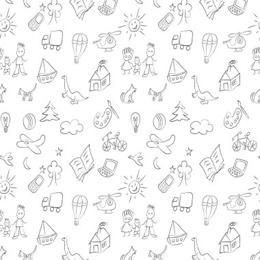 Çocuk çizimleri, tebeşir ya da kömür eskizleri olan kusursuz siyah desenler. Çocukça şeyler. Örnekleme vektör dosyasına dahil.