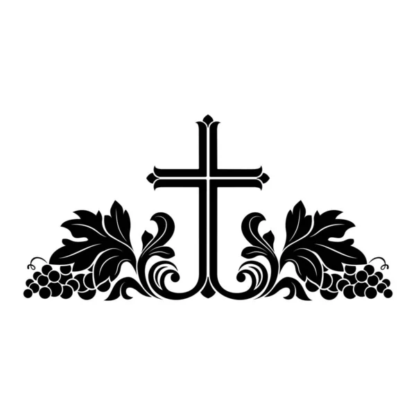 Crucifijo Católico Negro Decorado Con Racimo Uvas — Vector de stock