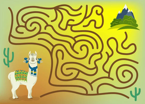 Maze Spel Voor Kinderen Volwassenen Help Schattige Lama Naar Groene — Stockvector