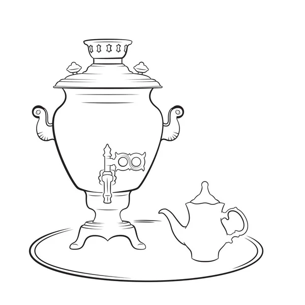 Samovar是俄罗斯传统上用来加热和沸腾水的金属容器 茶壶通常有一个环形的附件来固定茶壶和加热茶壶 茶壶和茶壶的黑白草图 儿童及成人的彩色网页 — 图库矢量图片
