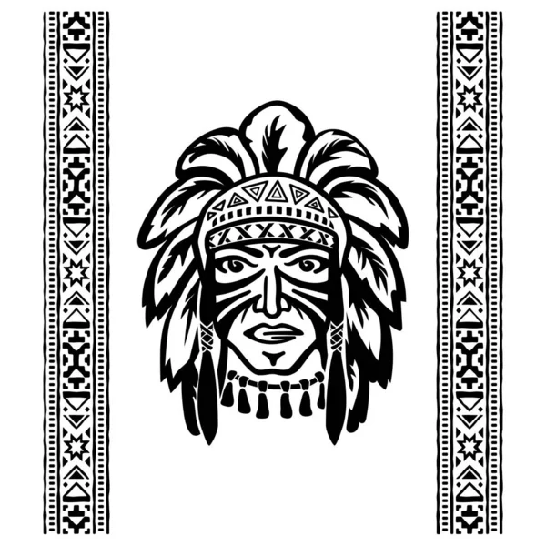 一个身穿传统战士头饰和战争油漆的美洲印第安人的黑色矢量草图 美洲土著民族标志的边界 — 图库矢量图片
