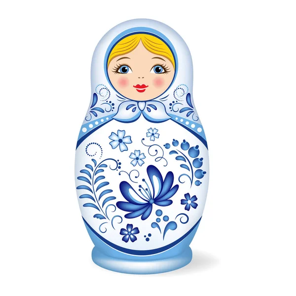 Ρωσική Ξύλινη Κούκλα Ωοτοκίας Μπαμπούσκα Ματριόσκα Διακοσμημένο Gzhel Ρωσικό Παραδοσιακό — Διανυσματικό Αρχείο
