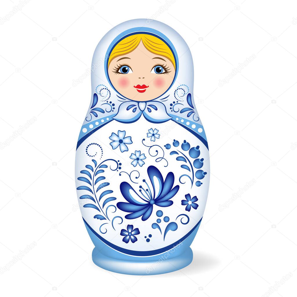 Russian wooden nesting doll. Babushka or Matryoshka. Decorated with Gzhel, Russian traditional painted floral pattern. Folk arts and crafts.