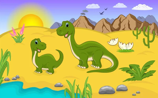 Illustration Mit Brontosaurus Comicfiguren Dinosaurier Und Sein Baby Einer Prähistorischen — Stockvektor