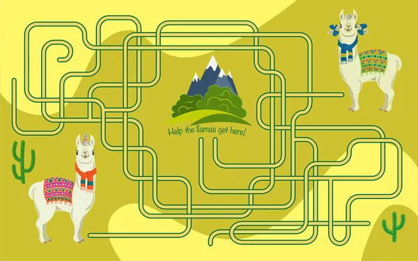 Maze Spel Voor Kinderen Met Lama Help Lama Groene Weiden — Stockvector