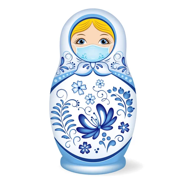 Yüz Maskesi Takan Rus Tahta Bebek Babushka Matryoshka Geleneksel Rus — Stok Vektör