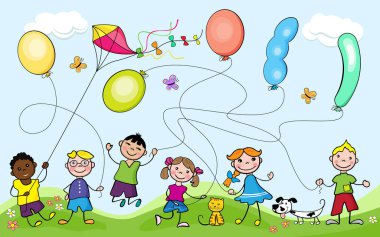 Çocuklar balonlarla ve uçan uçurtmayla oynuyorlar. Çizgi film karakterleri. Çocuklar için labirent oyunu. Doodle tarzı.