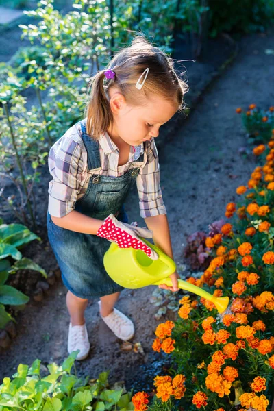 Adorable niña regando flores — Foto de Stock