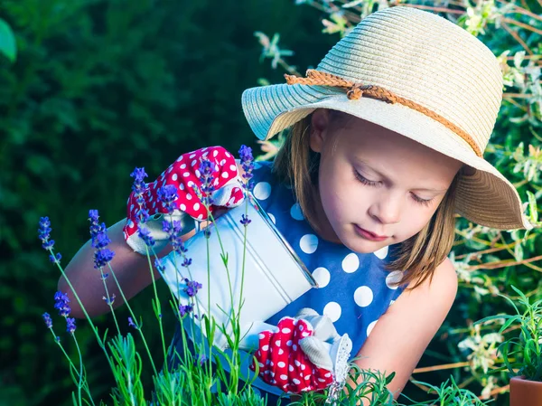 Мила дівчина поливає трави. Дитина доглядає за рослинами. Малюк з — стокове фото