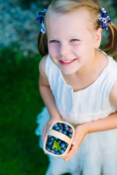 Маленька дівчинка тримає кошик з чорницею - мала глибина f — стокове фото
